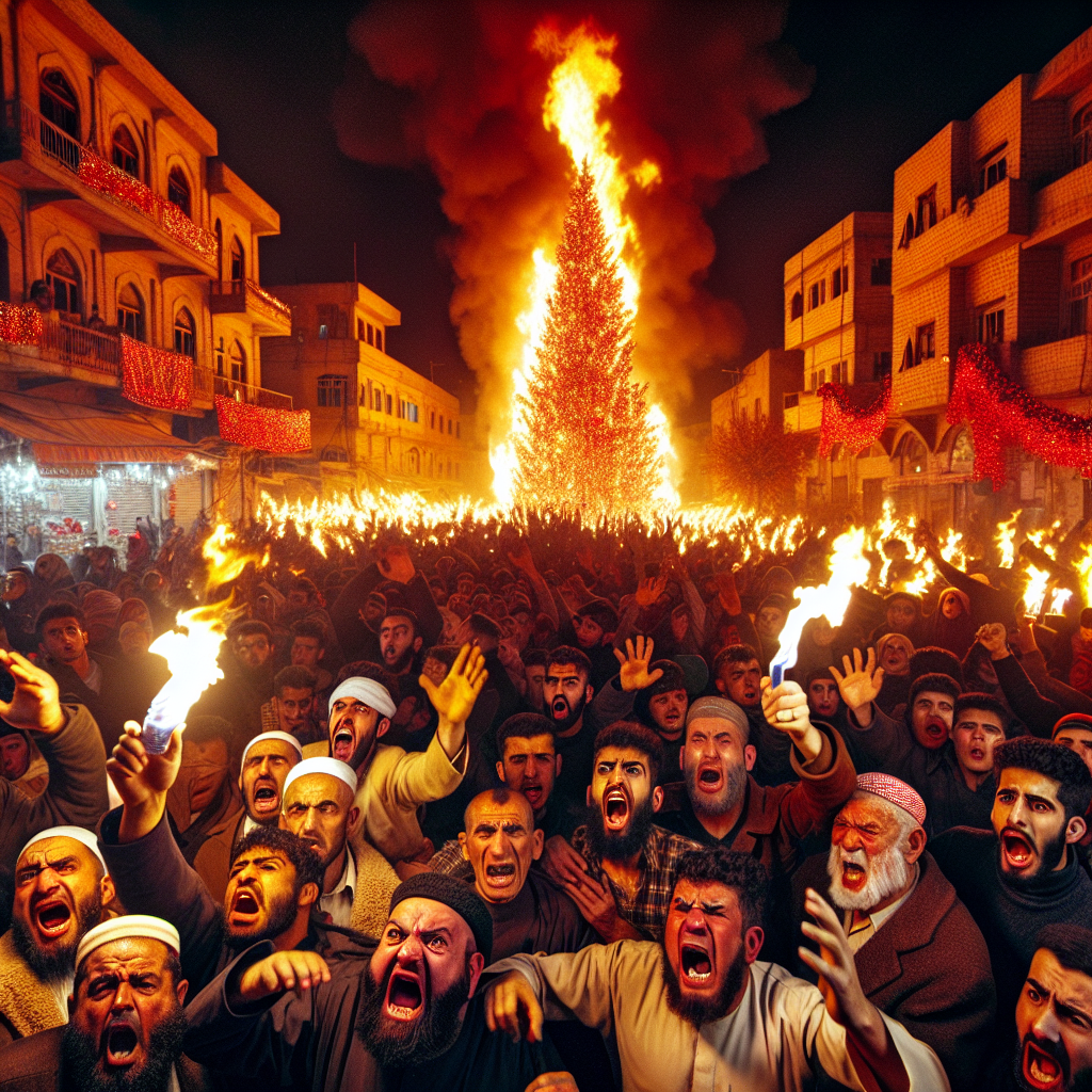 Video: Demonstrations Erupt After Christmas Tree Set Ablaze in Syrian Town