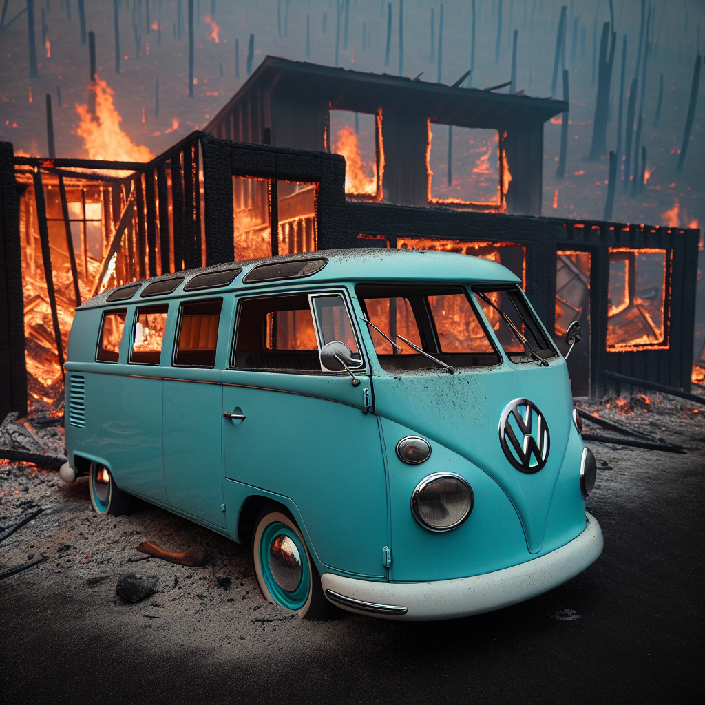 A retro blue VW van miraculously survives deadly Los Angeles fire