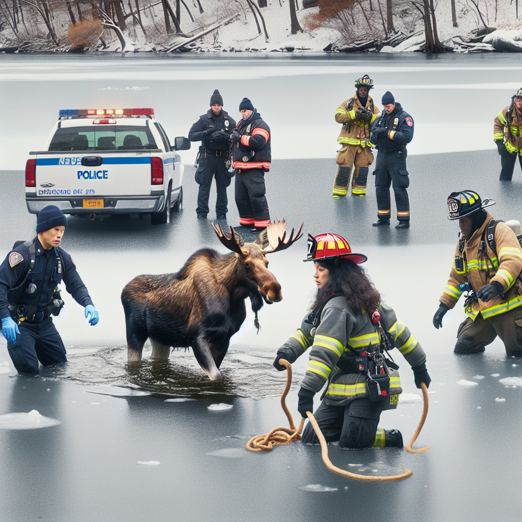 First Responders Rescue Moose from Icy Lake in New York