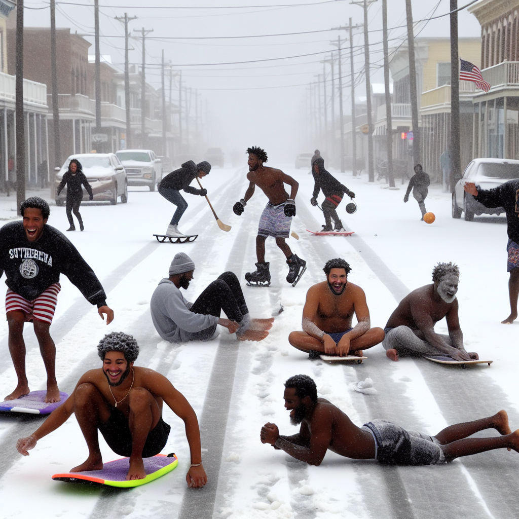 Gulf Coast Revels in Uncommon Snow Day with Boogie Board Sledding and Canal Street Ice Hockey