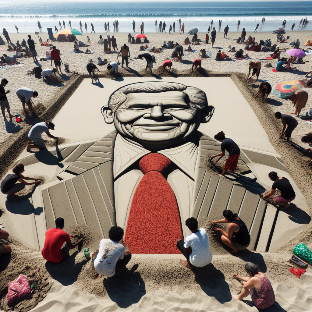 "Defiant Art: Protesters Carve Trump's Image into Sand"