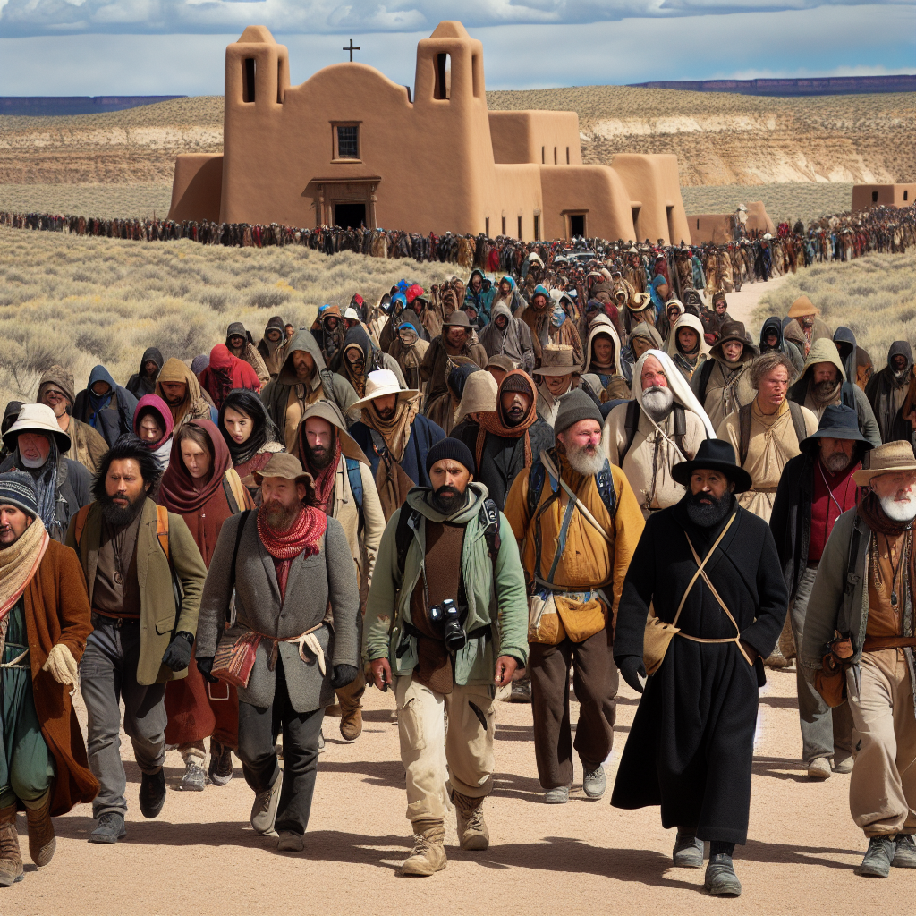 Pilgrims Journey Across New Mexico Desert to Historic Adobe Church on Good Friday