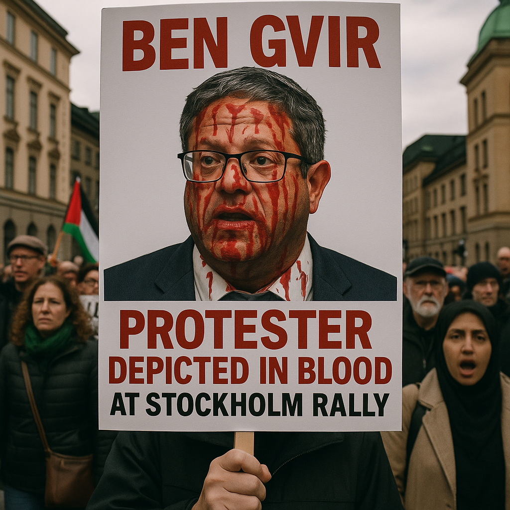 Illustration of Ben Gvir Protester Depicted in Blood at Stockholm Rally