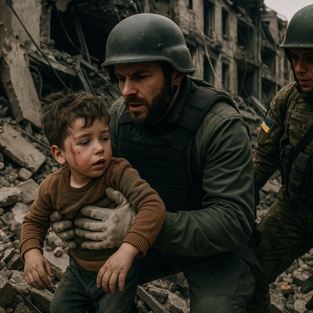Illustration of Child Rescued from Rubble as Russia Intensifies Strikes on Ukraine
