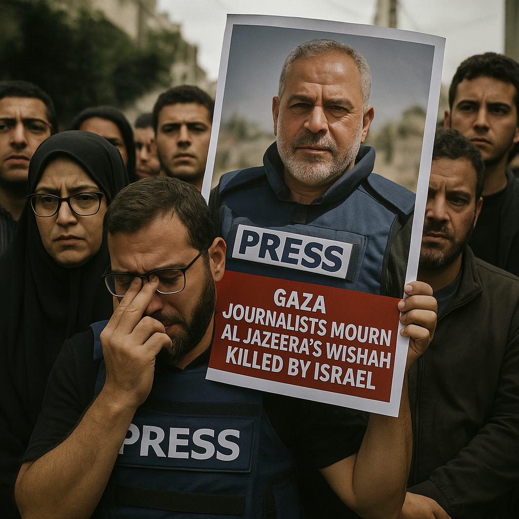Illustration of Gaza Journalists Mourn Al Jazeera’s Wishah Killed by Israel