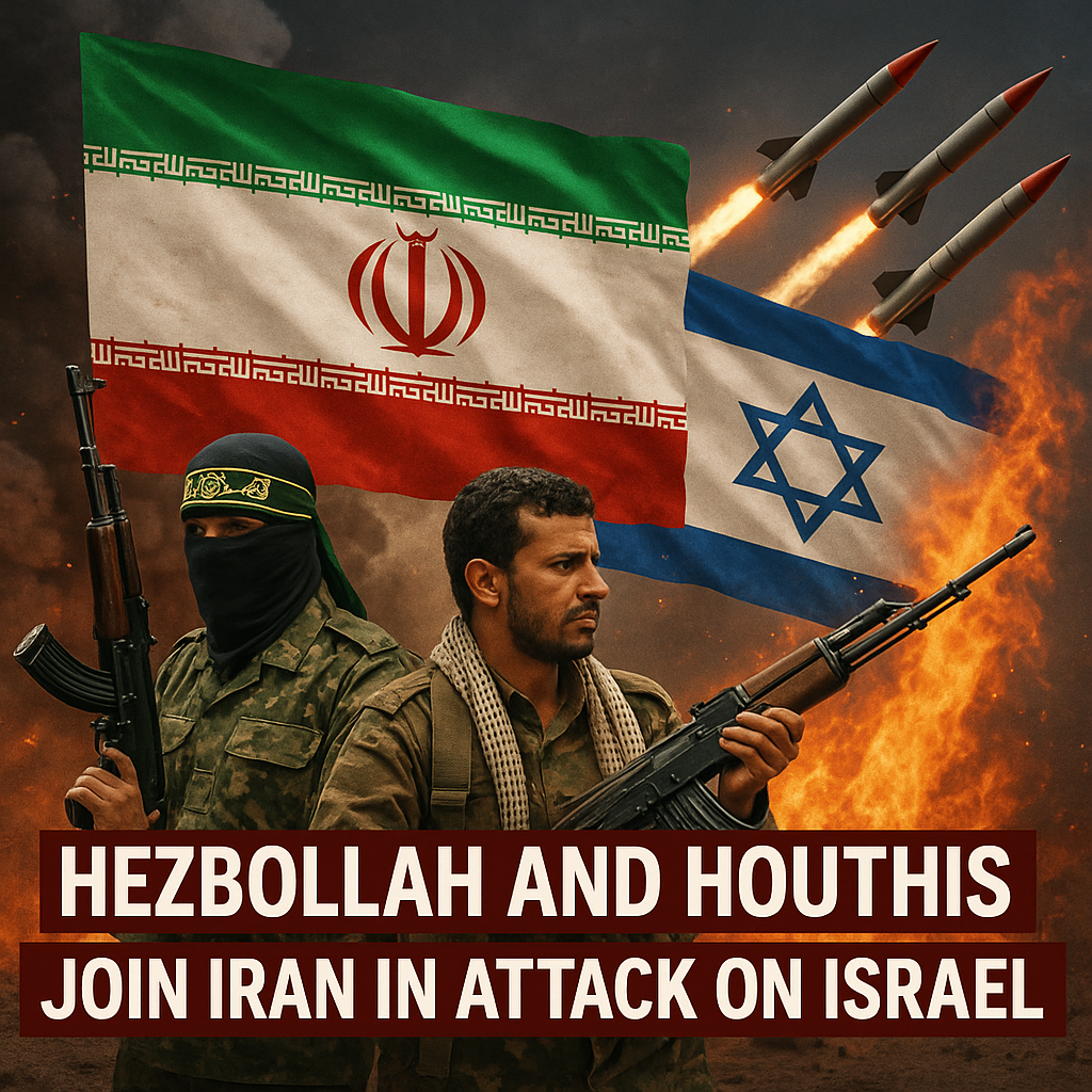 Illustration of Hezbollah and Houthis Join Iran in Attack on Israel