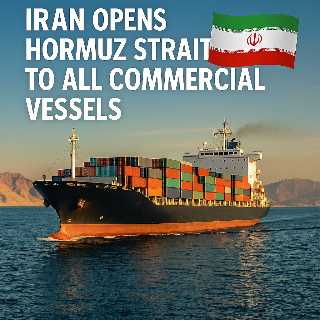 Illustration of Iran Opens Hormuz Strait to All Commercial Vessels