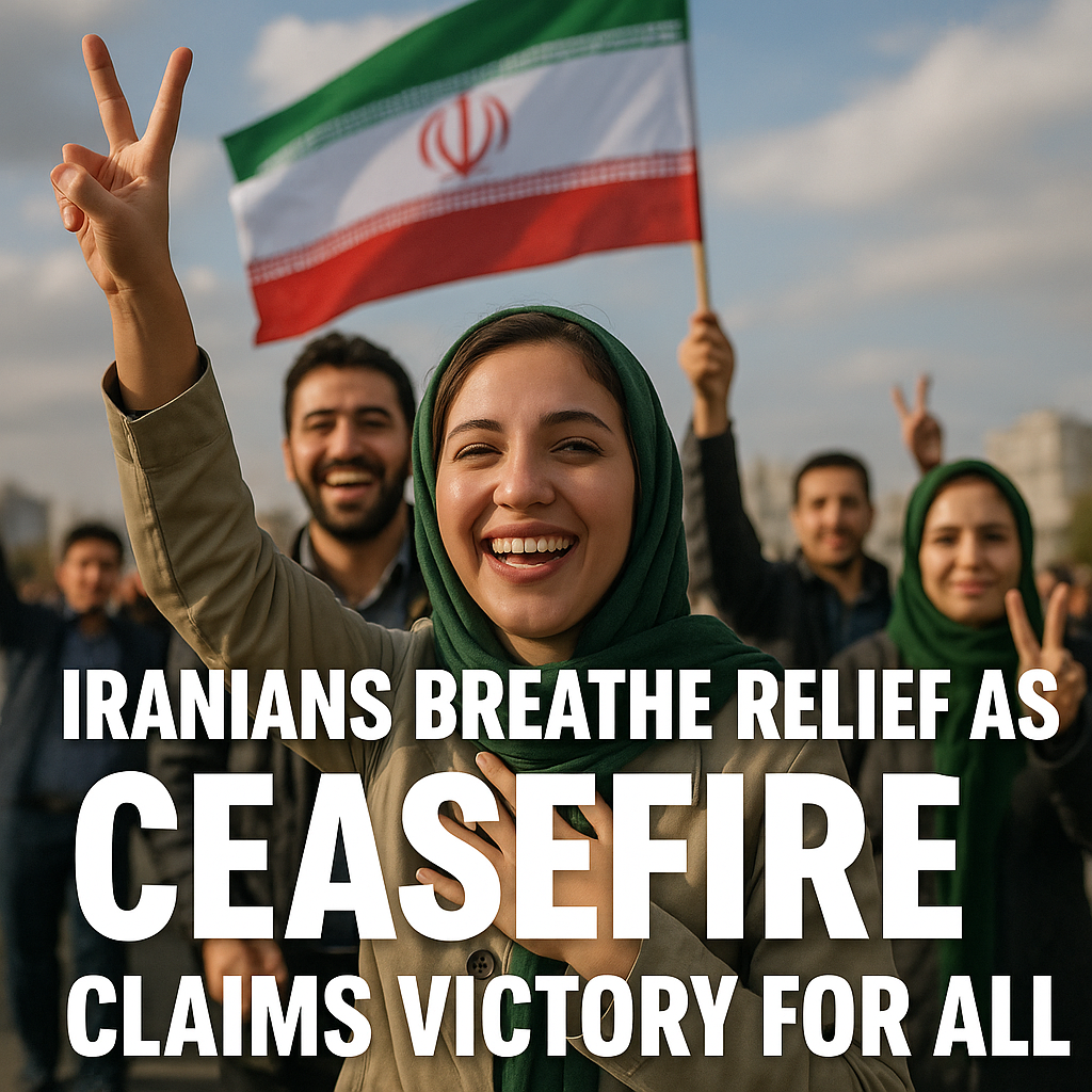 Illustration of Iranians Breathe Relief as Ceasefire Claims Victory for All