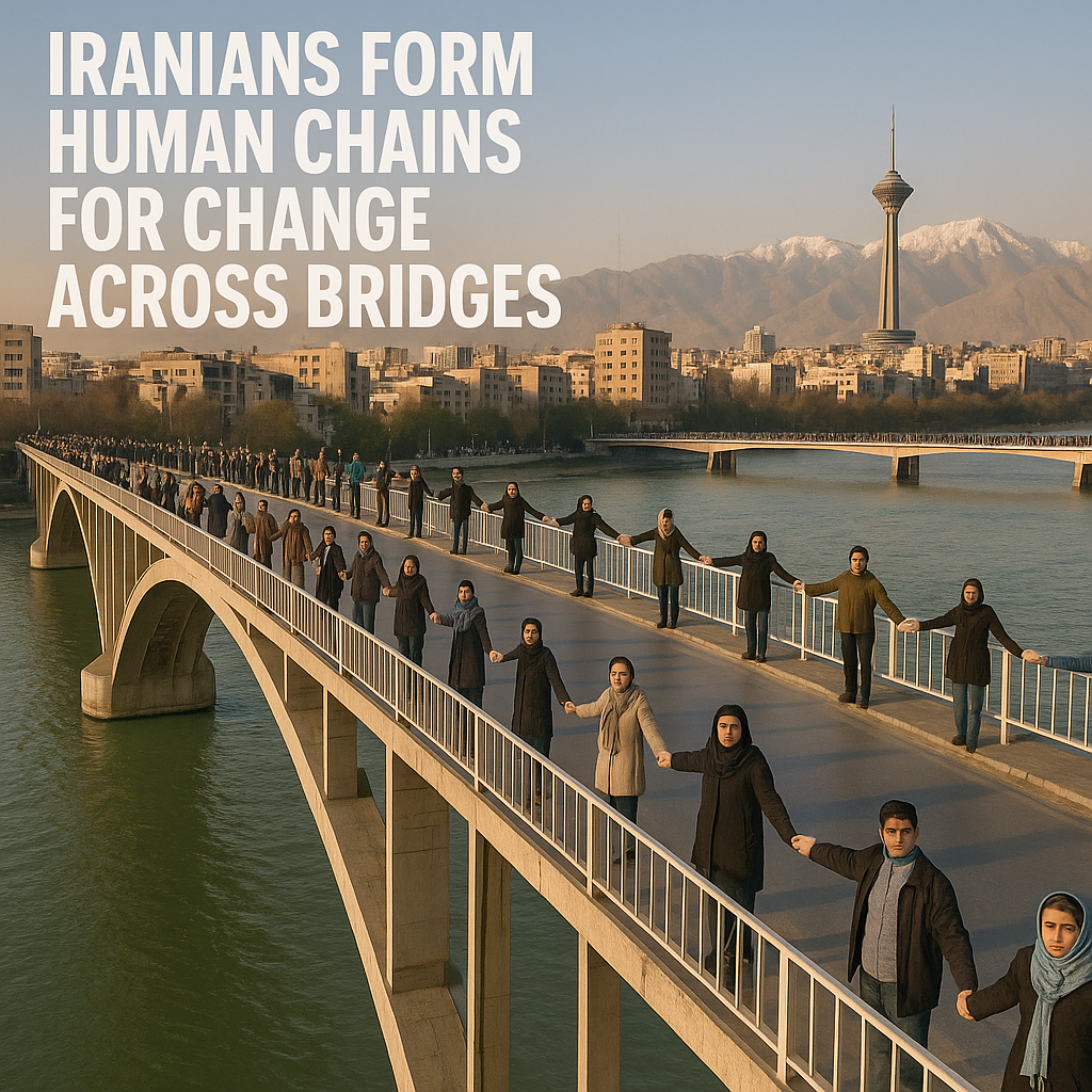 Illustration of Iranians Form Human Chains for Change Across Bridges