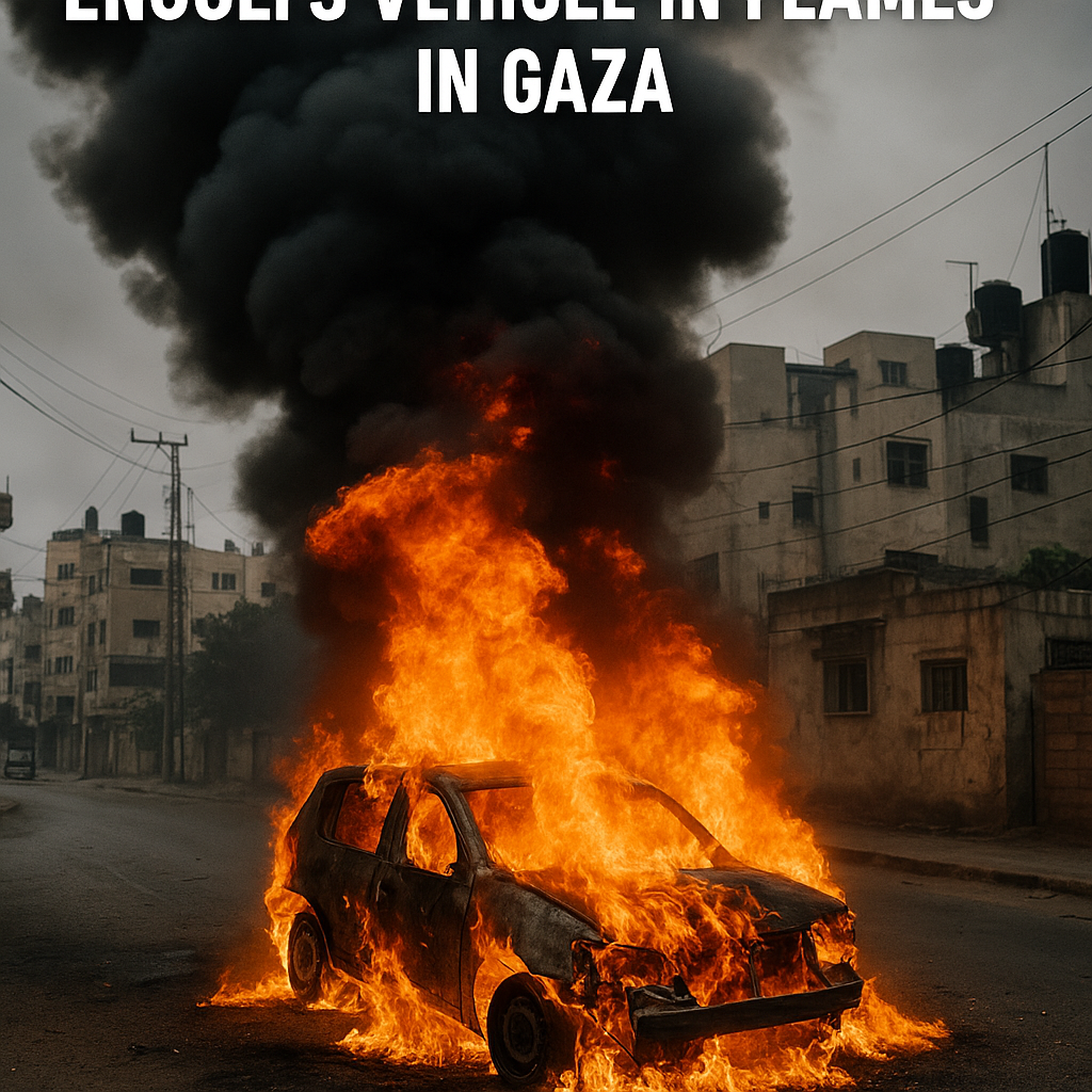 Illustration of Israeli Drone Strike Engulfs Vehicle in Flames in Gaza