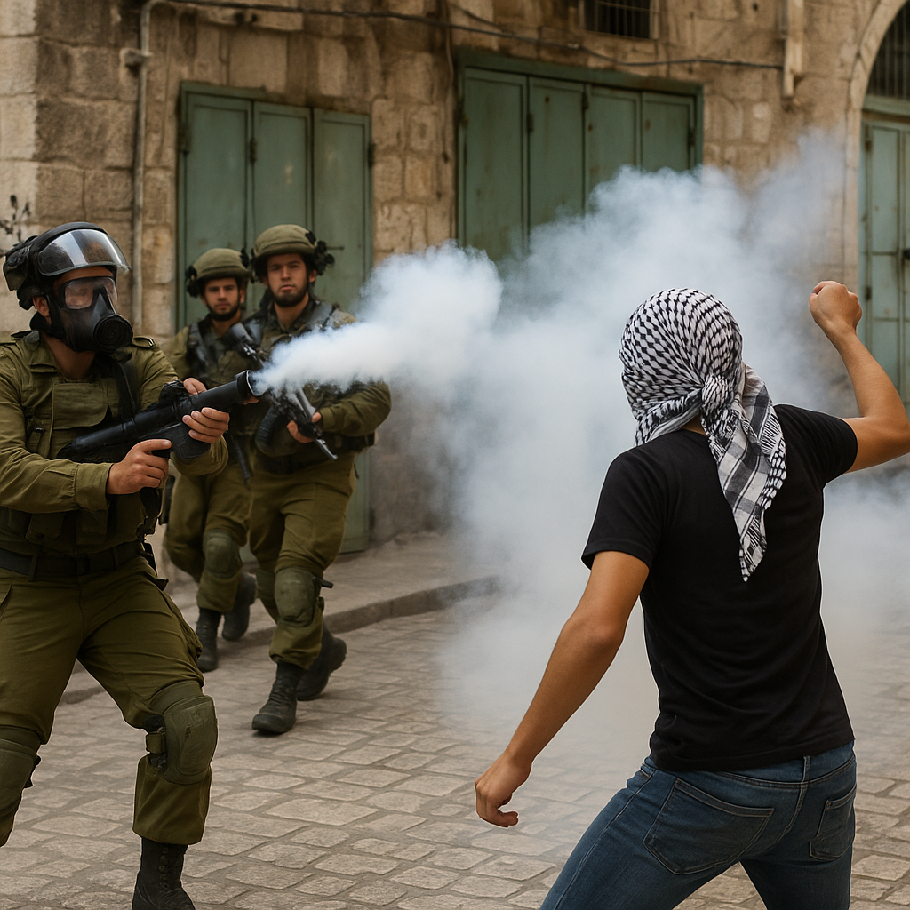 Illustration of Israeli Soldiers Fire Tear Gas at Palestinian Youth in Hebron