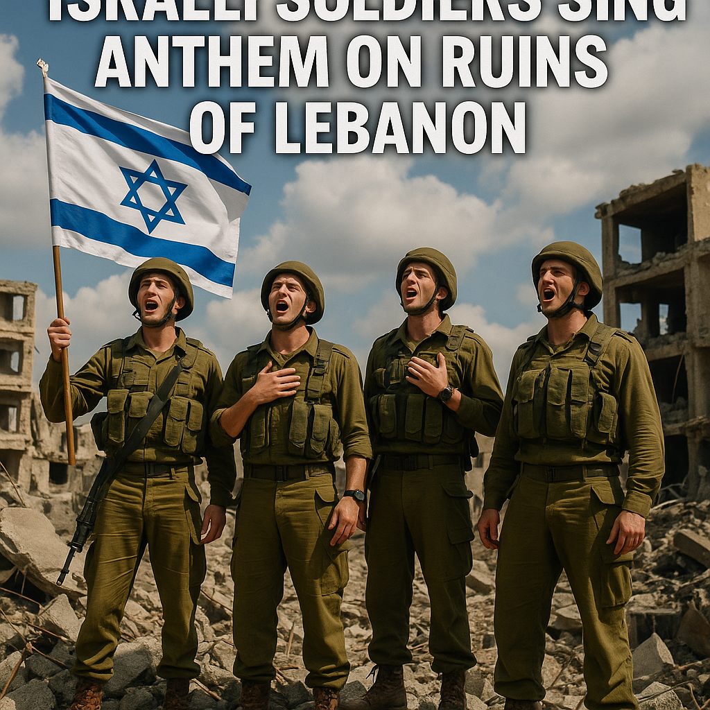 Illustration of Israeli Soldiers Sing Anthem on Ruins of Lebanon
