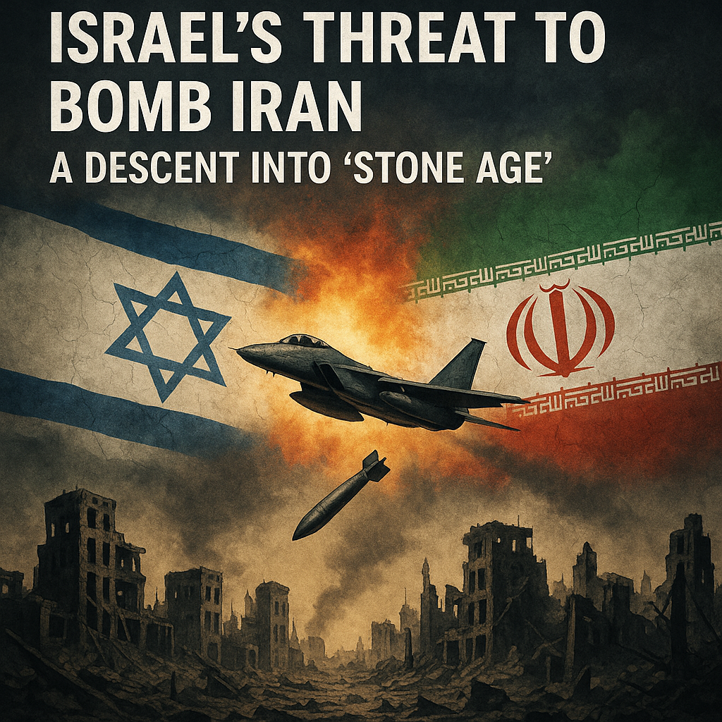 Illustration of Israel's Threat to Bomb Iran: A Descent into 'Stone Age'