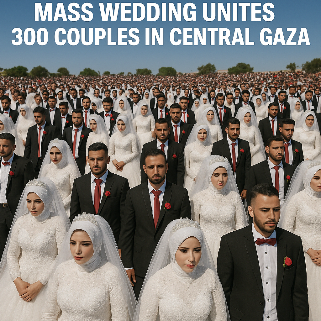 Illustration of Mass Wedding Unites 300 Couples in Central Gaza