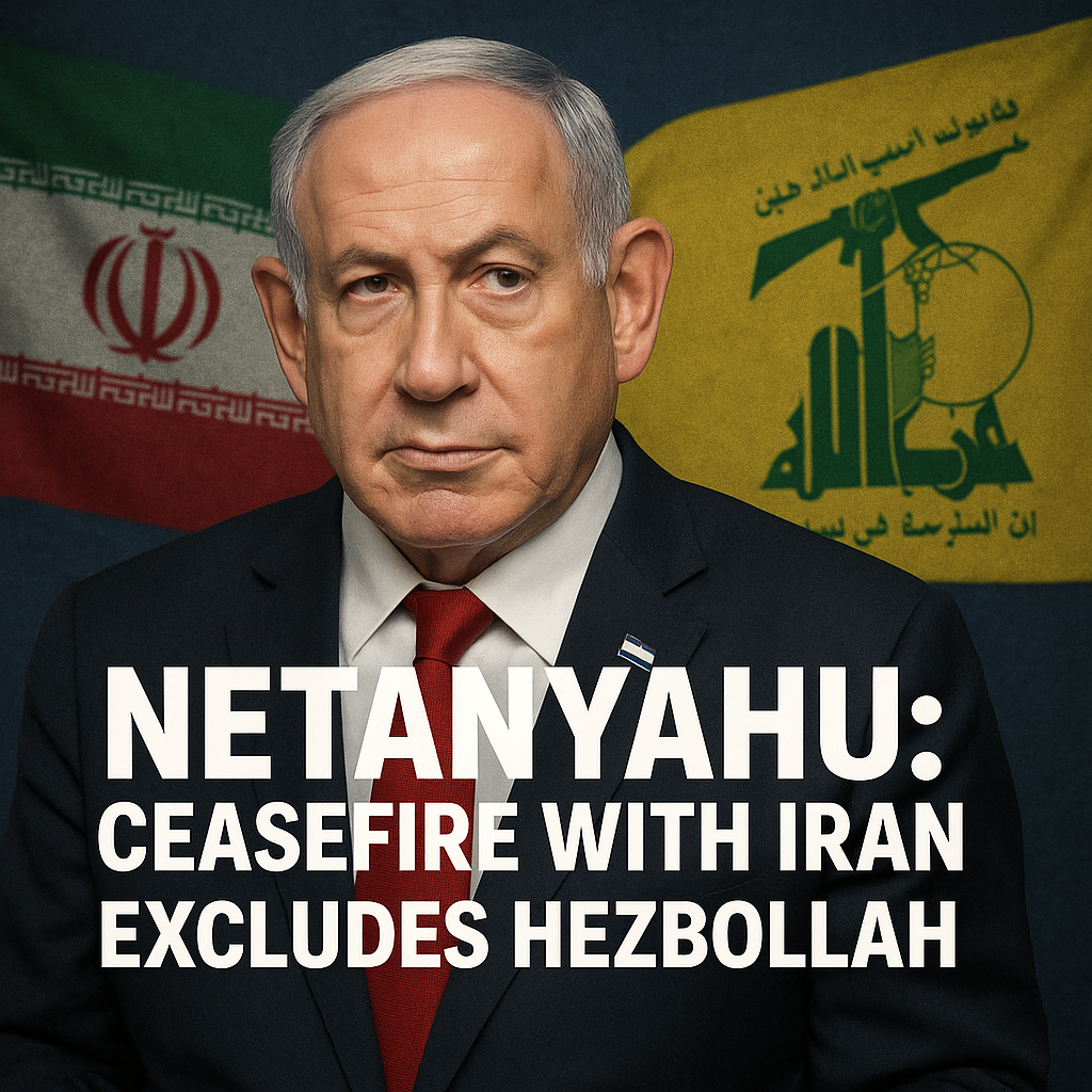Illustration of Netanyahu: Ceasefire with Iran Excludes Hezbollah