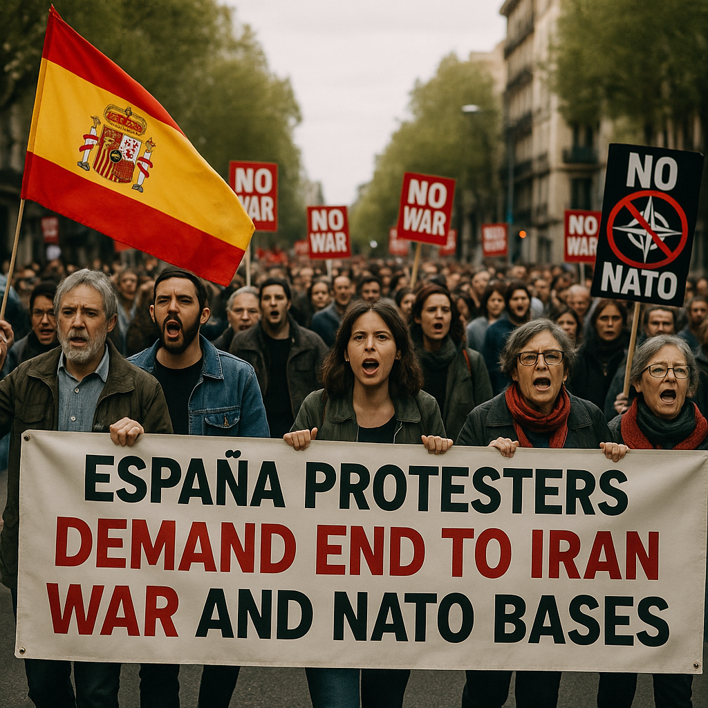 Illustration of Spain Protesters Demand End to Iran War and NATO Bases