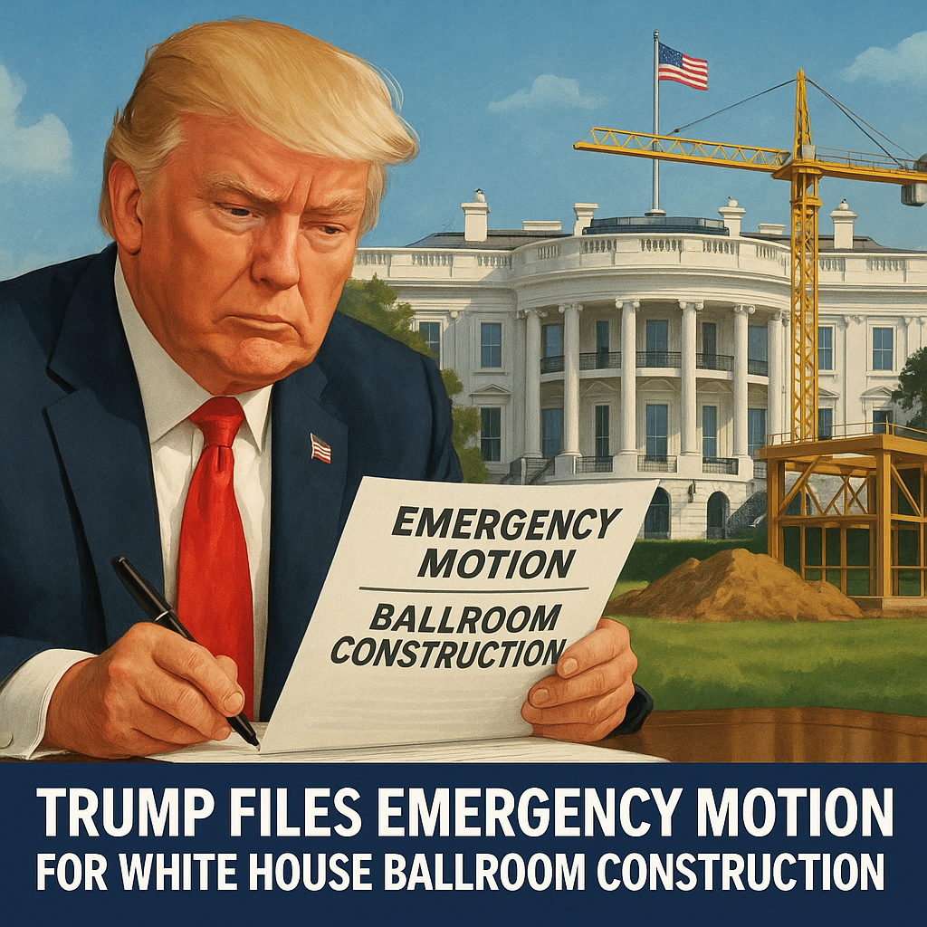 Illustration of Trump Files Emergency Motion for White House Ballroom Construction