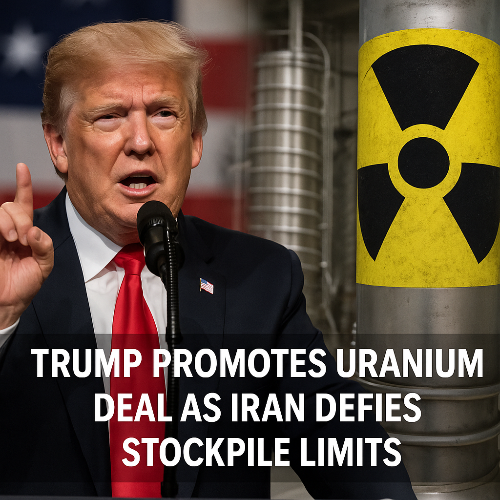 Illustration of Trump Promotes Uranium Deal As Iran Defies Stockpile Limits