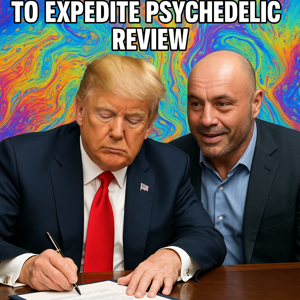 Illustration of Trump Signs Order with Joe Rogan to Expedite Psychedelic Review