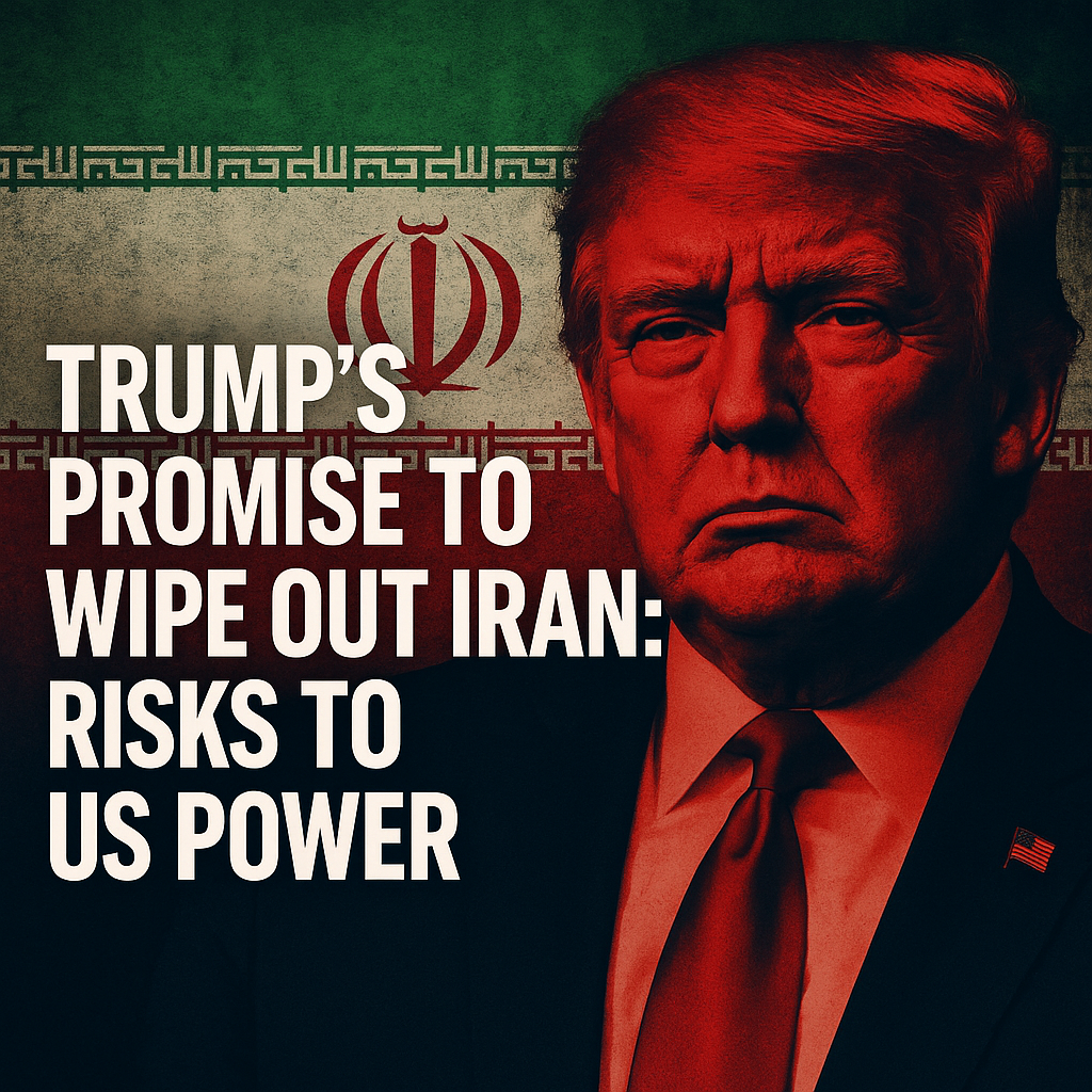 Illustration of Trump's Promise to Wipe Out Iran: Risks to US Power