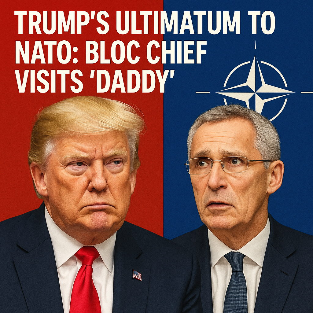 Illustration of Trump's Ultimatum to NATO: Bloc Chief Visits 'Daddy'