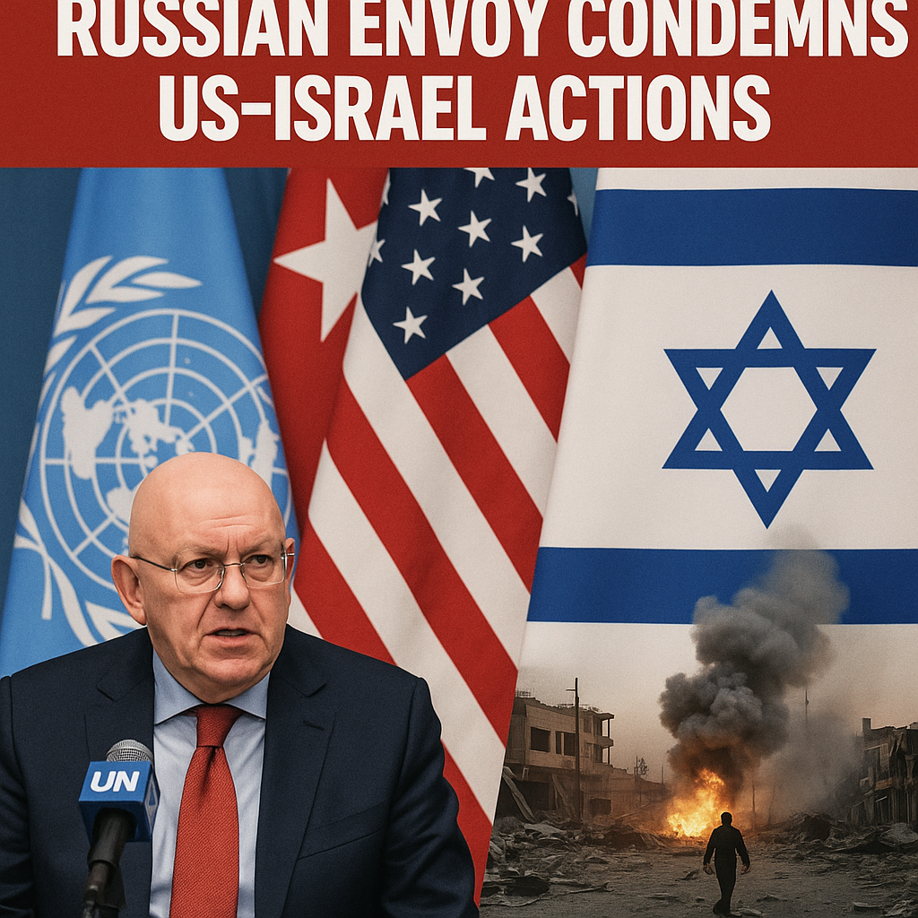 Illustration of War Crime Claims: Russian Envoy Condemns US-Israel Actions