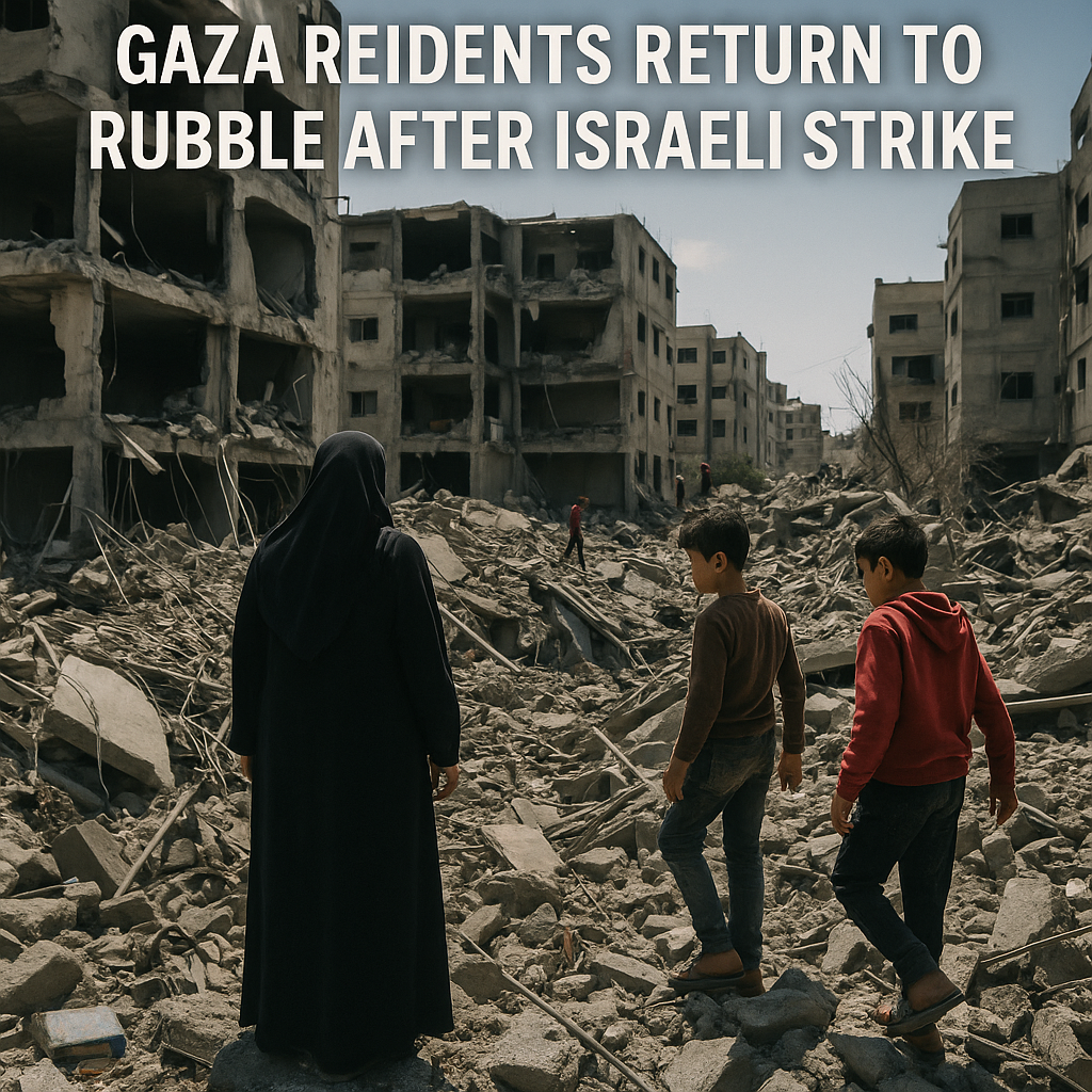 Illustration of Gaza Residents Return to Rubble After Israeli Strike