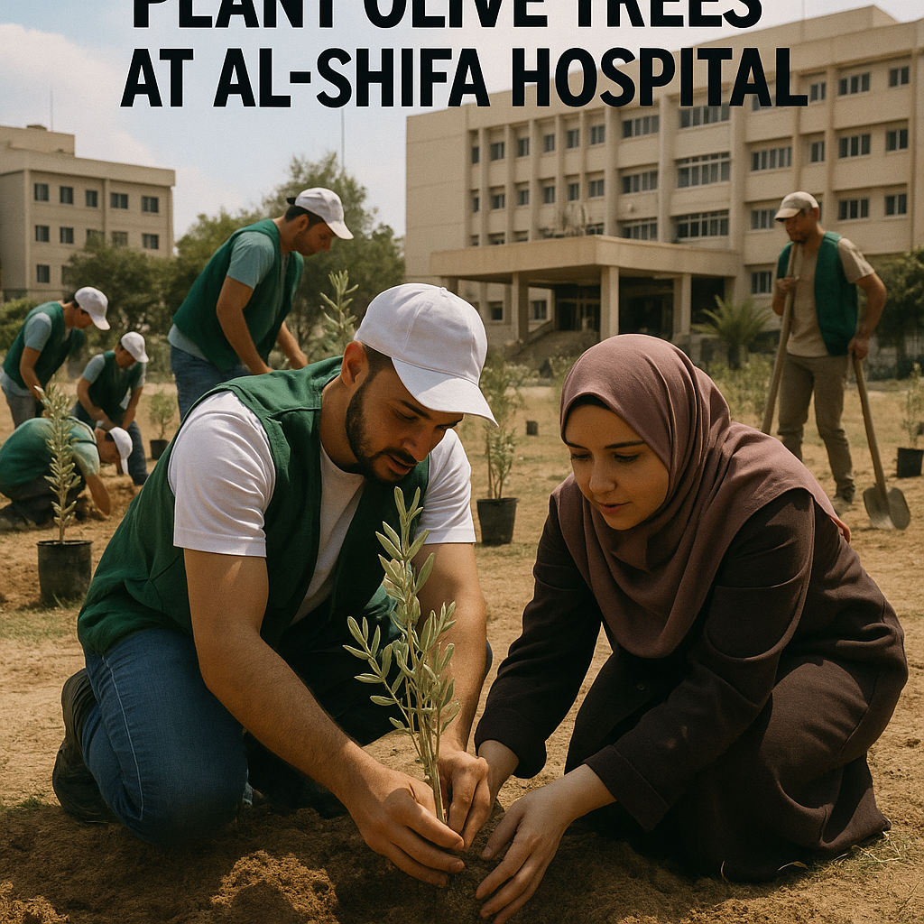Illustration of Gaza Volunteers Plant Olive Trees at Al-Shifa Hospital