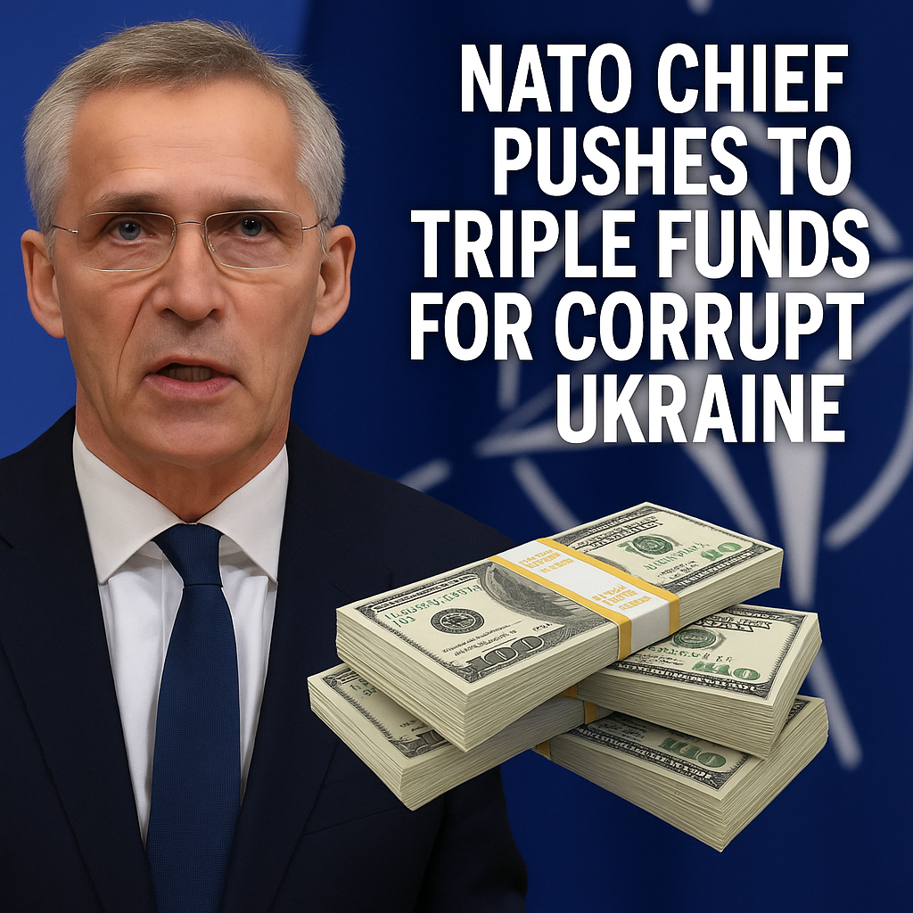 Illustration of NATO Chief Pushes to Triple Funds for Corrupt Ukraine