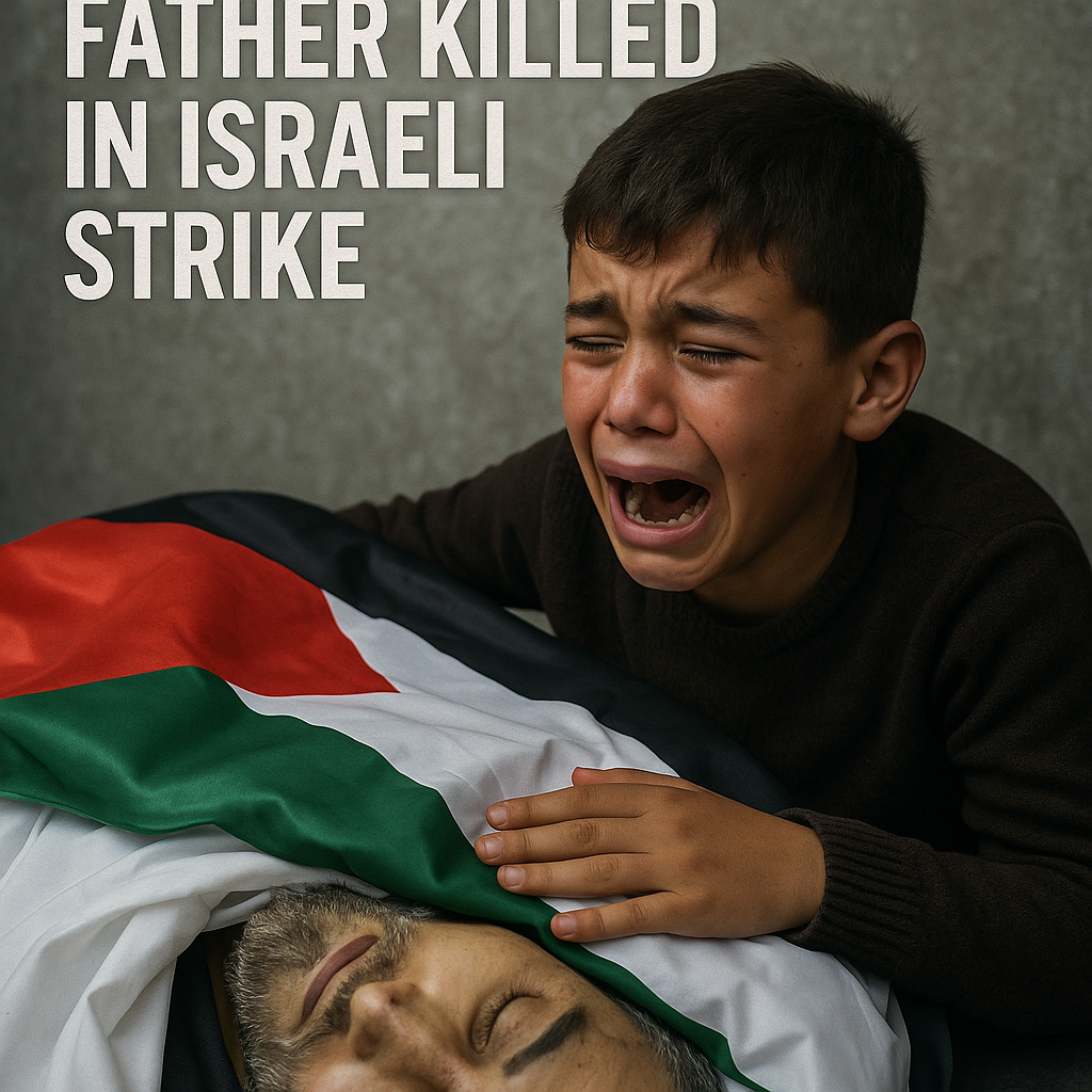 Illustration of Palestinian Boy Mourns Father Killed in Israeli Strike