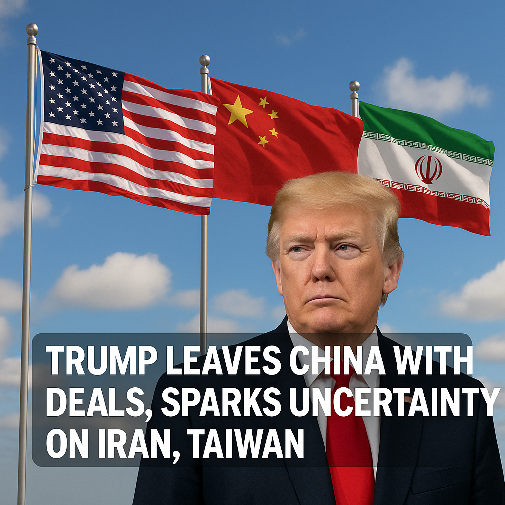 Illustration of Trump Leaves China with Deals, Sparks Uncertainty on Iran, Taiwan