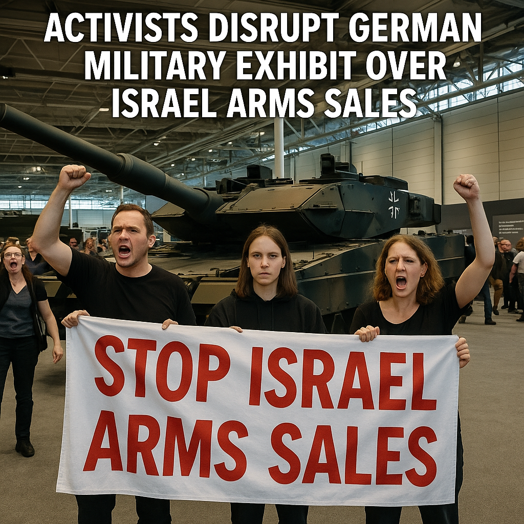 Illustration of Activists Disrupt German Military Exhibit Over Israel Arms Sales