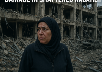 Illustration of Displaced Lebanese Assess Damage in Shattered Nabatieh