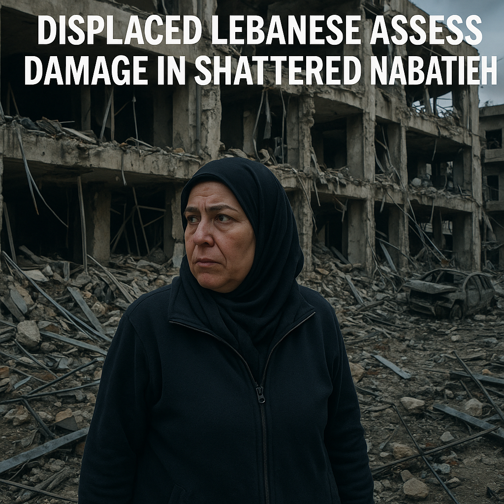 Illustration of Displaced Lebanese Assess Damage in Shattered Nabatieh