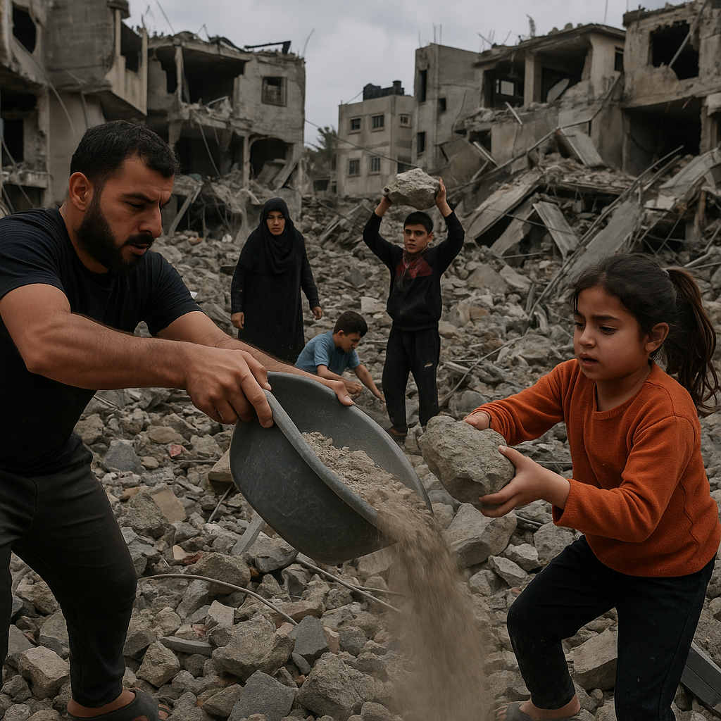 Illustration of Gaza Families Clear Rubble After Overnight Israeli Strikes