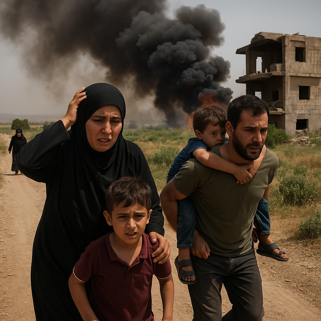 Illustration of Israeli Assault in Southern Syria Forces Families to Flee