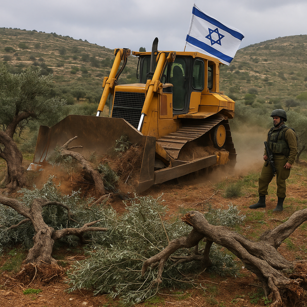 Illustration of Israeli Forces Bulldoze Olive Groves in West Bank