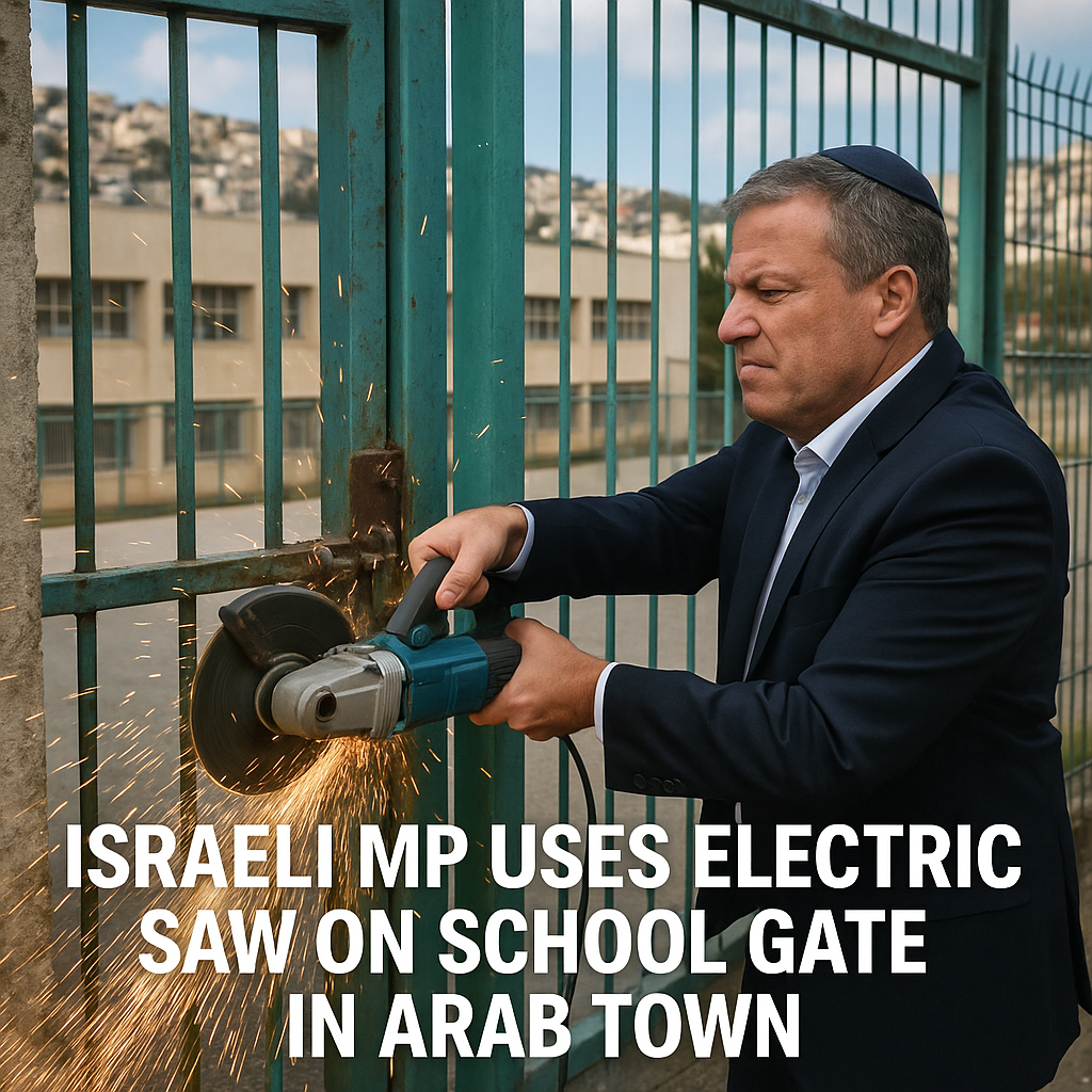 Illustration of Israeli MP Uses Electric Saw on School Gate in Arab Town