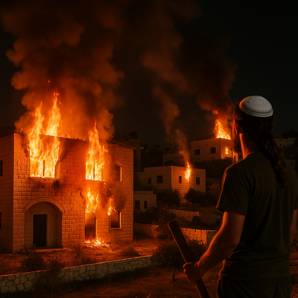 Illustration of Israeli Settlers Torch Palestinian Homes Near Ramallah