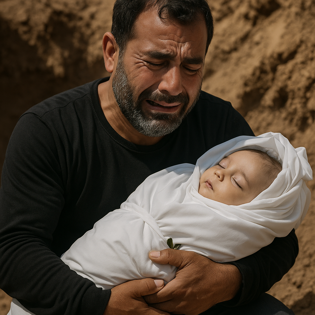 Illustration of Palestinian Father Buries Baby Killed by Israeli Gunfire