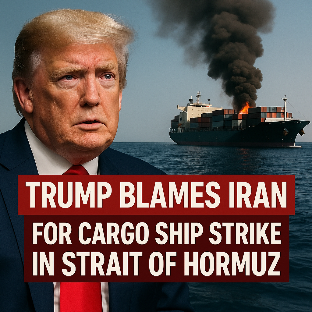 Illustration of Trump Blames Iran for Cargo Ship Strike in Strait of Hormuz