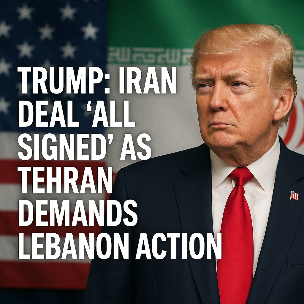 Illustration of Trump: Iran Deal 'All Signed' as Tehran Demands Lebanon Action