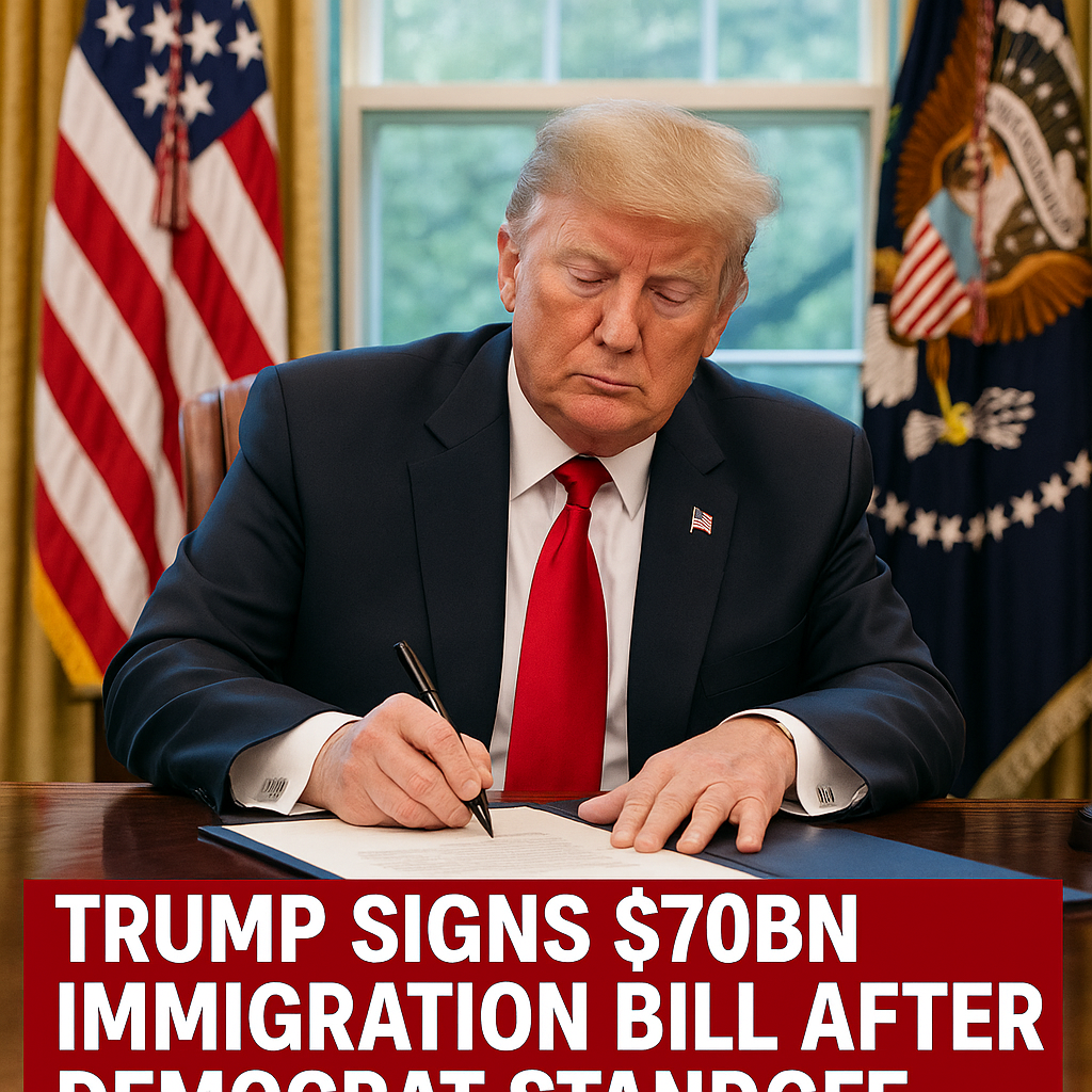 Illustration of Trump Signs $70bn Immigration Bill After Democrat Standoff