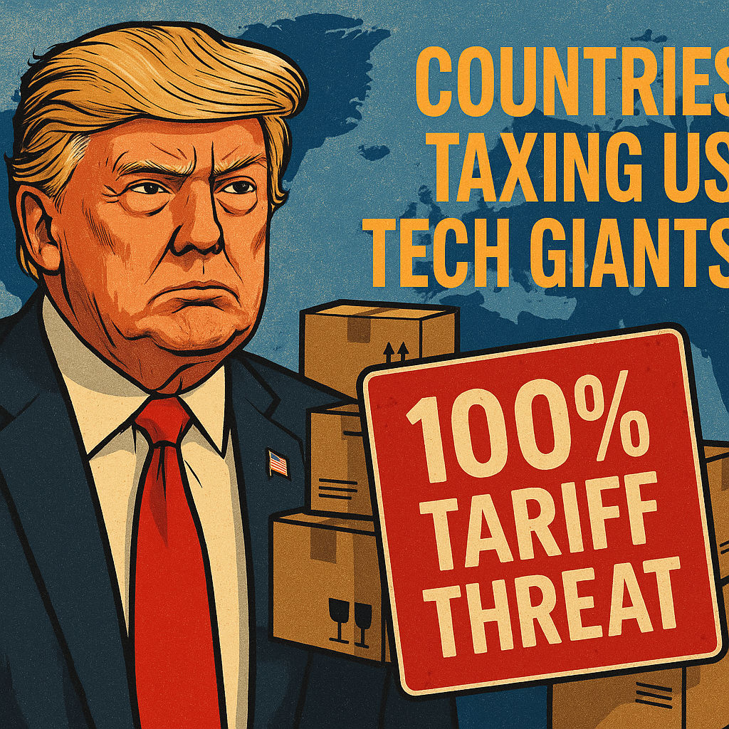 Illustration of Trump's 100% Tariff Threat on Countries Taxing US Tech Giants