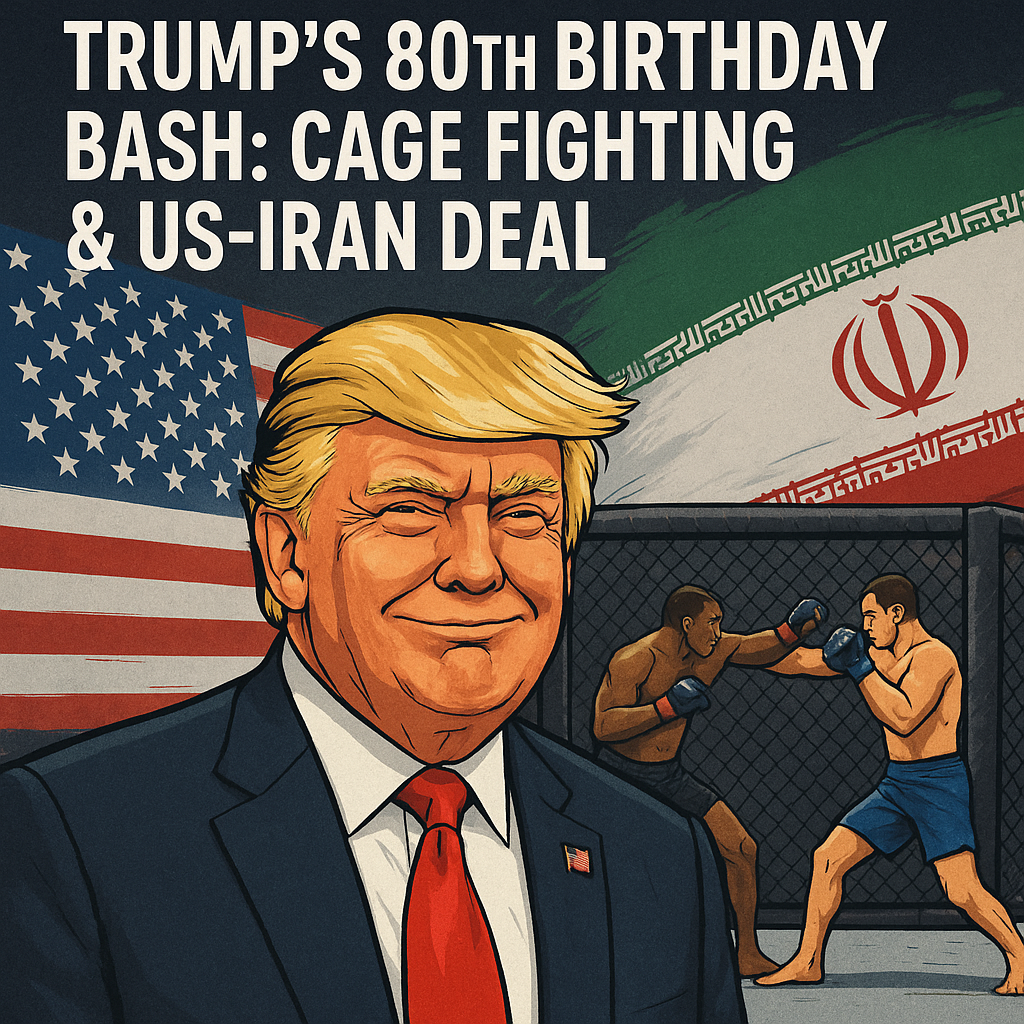 Illustration of Trump's 80th Birthday Bash: Cage Fighting & US-Iran Deal