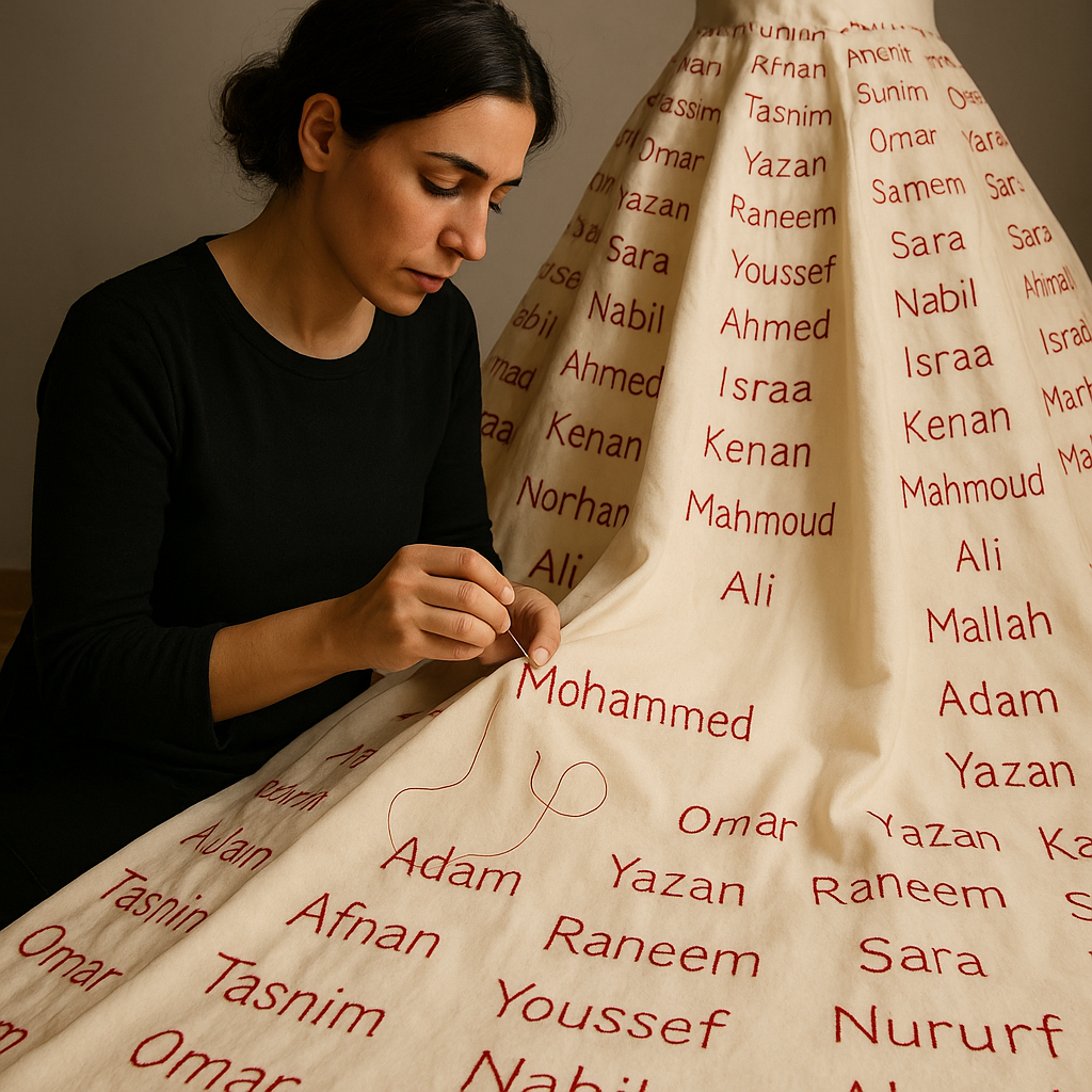 Illustration of Gaza Children's Names Sewn into Tribute Gown by Artist