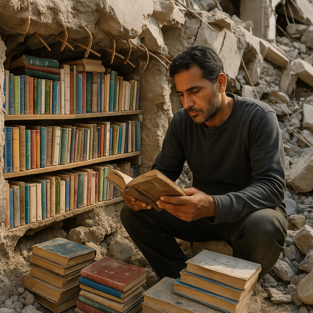 Illustration of Gaza Man Creates Library from Buried Books in Rubble