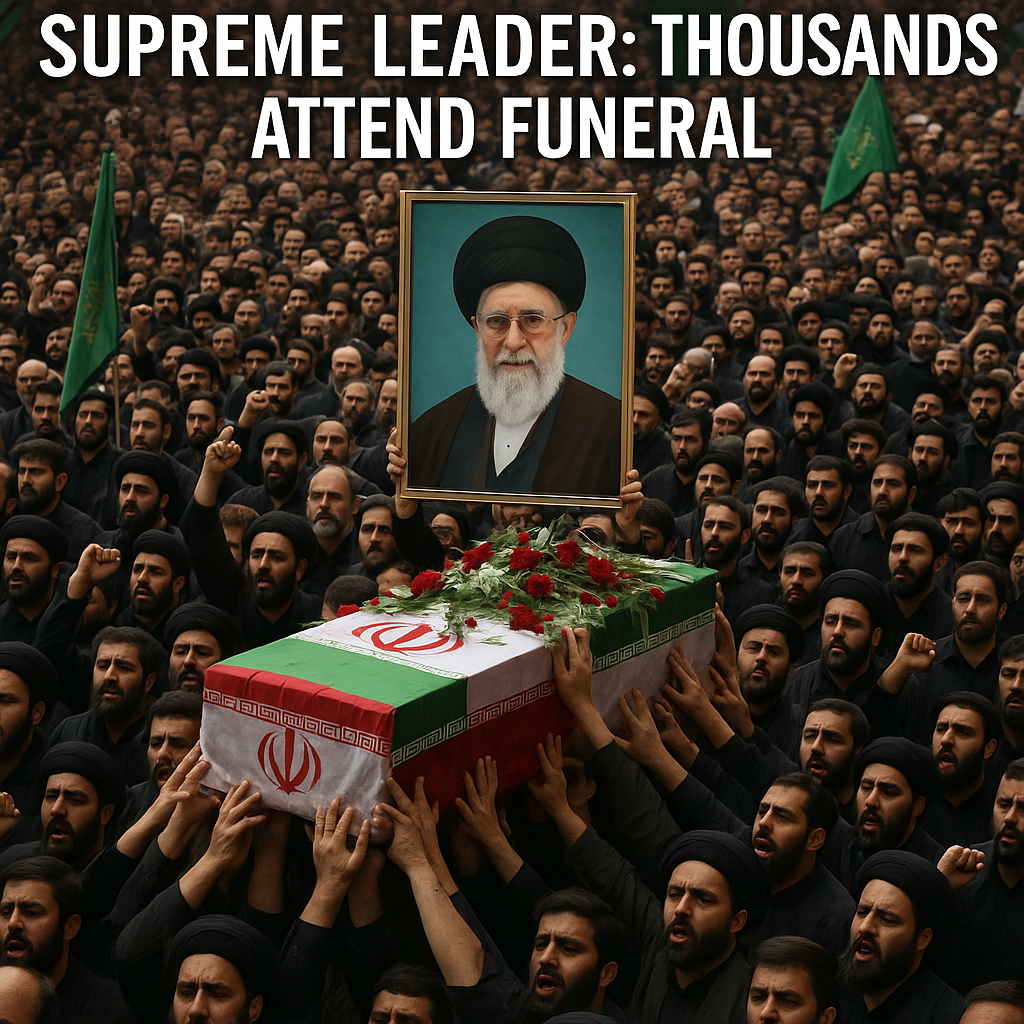 Illustration of Iran's Assassinated Supreme Leader: Thousands Attend Funeral