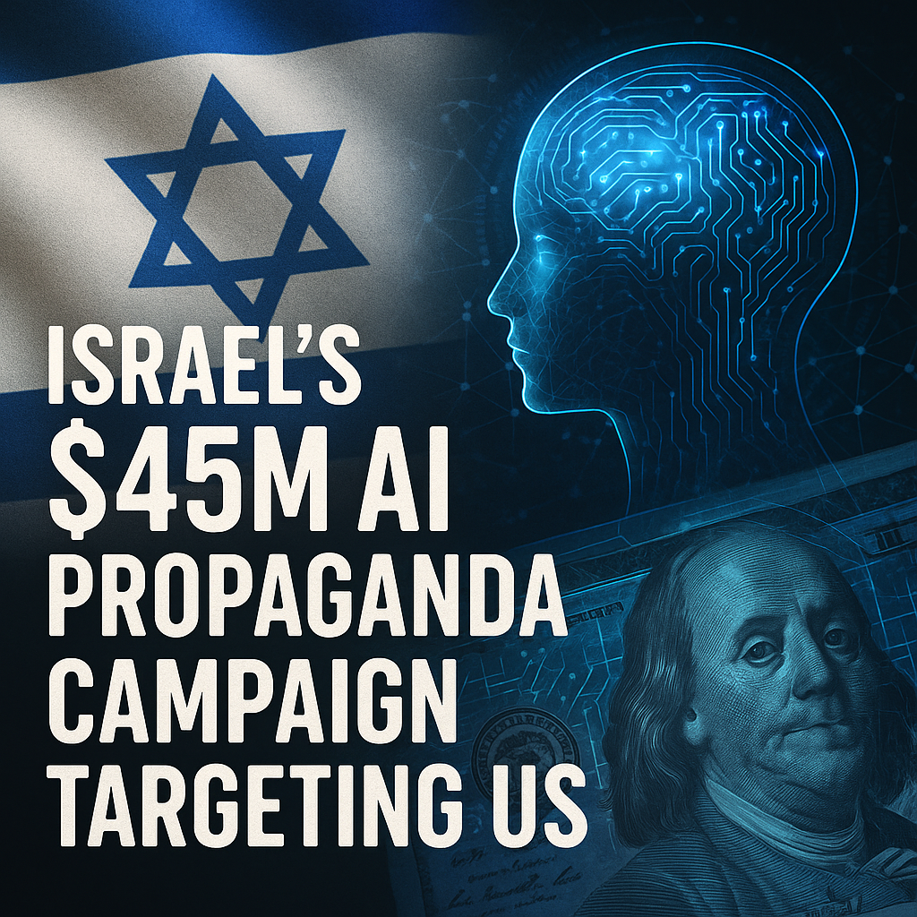 Illustration of Israel's $45M AI Propaganda Campaign Targeting US