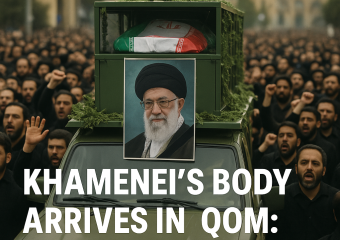 Illustration of Khamenei's Body Arrives in Qom: Iran's Mourning Begins